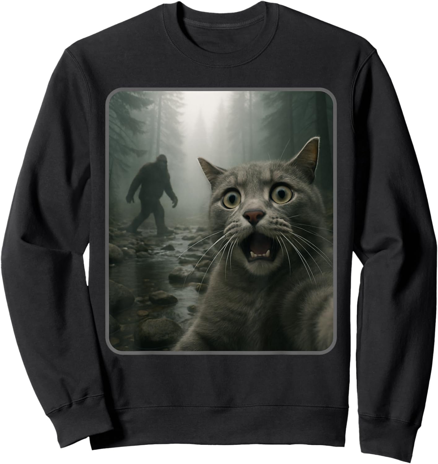 Funny Cat Selfie with Bigfoot Meme Sweatshirt - Sweatshirt | Black