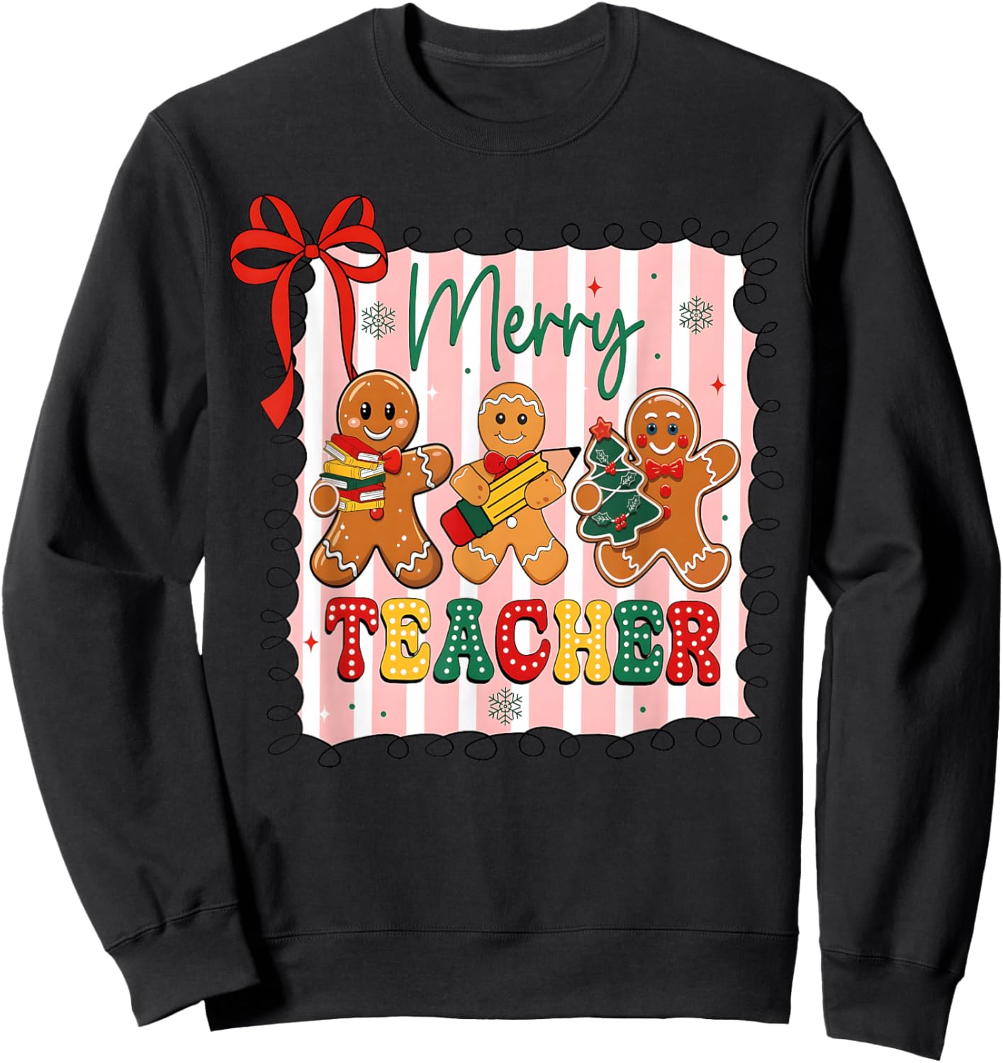 Christmas Preppy Gingerbread Coquette Bow Merry Teacher Sweatshirt - Sweatshirt | Black