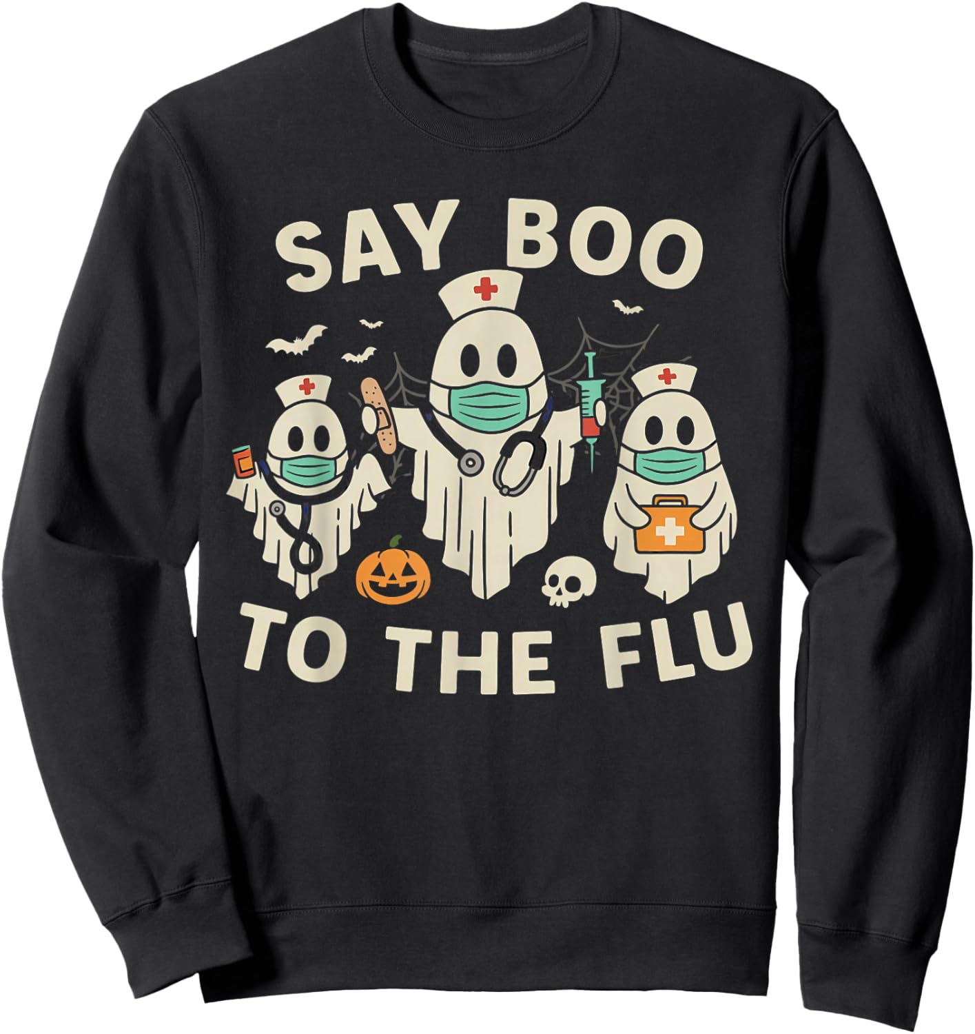 Nurse Halloween Ghost Crew Vaccine Say Boo to The flu Sweatshirt - Sweatshirt | Black