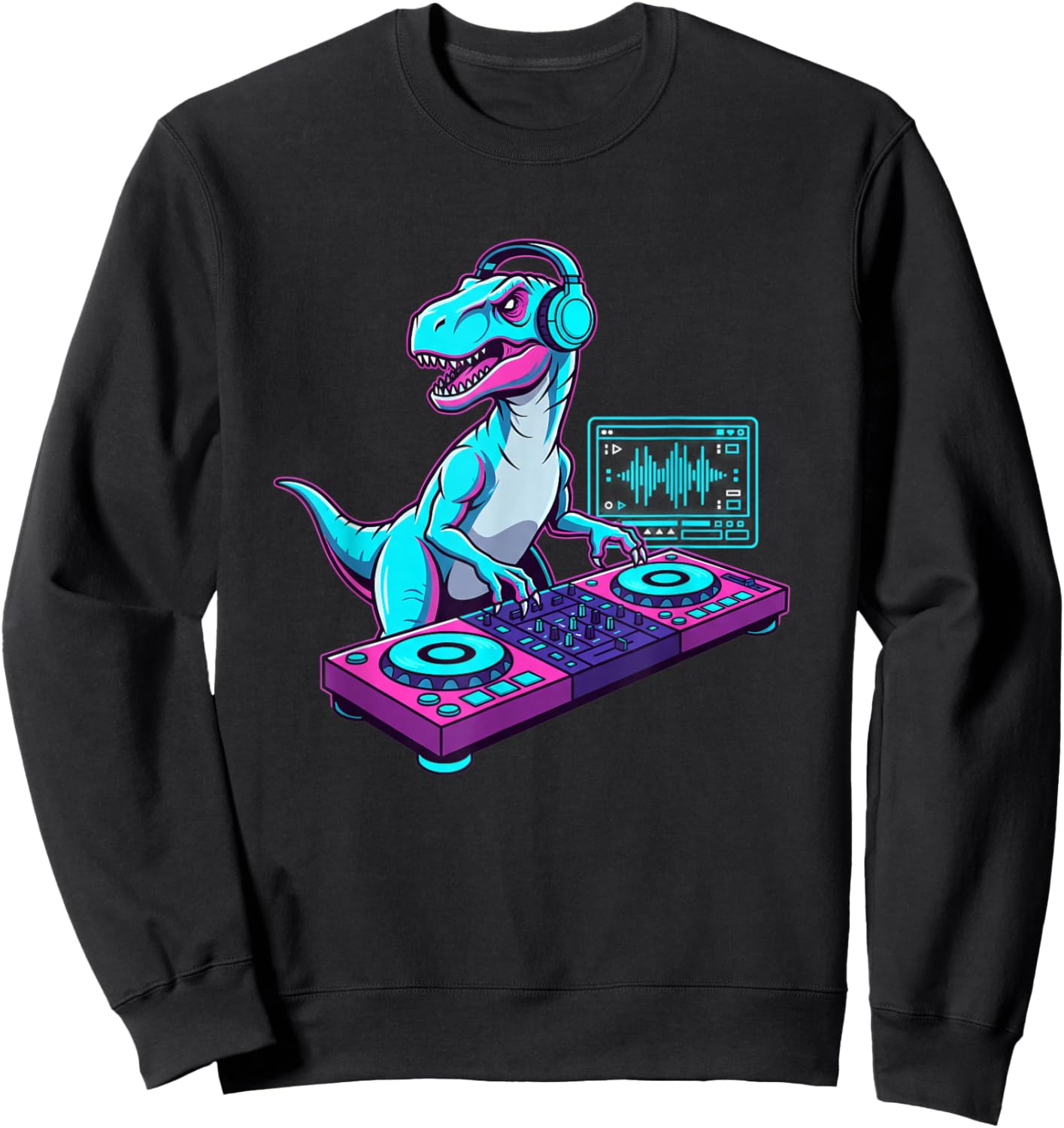 Mythical & Prehistoric DJ Dinosaur Raptor Turntable DJ Sweatshirt - Sweatshirt | Black