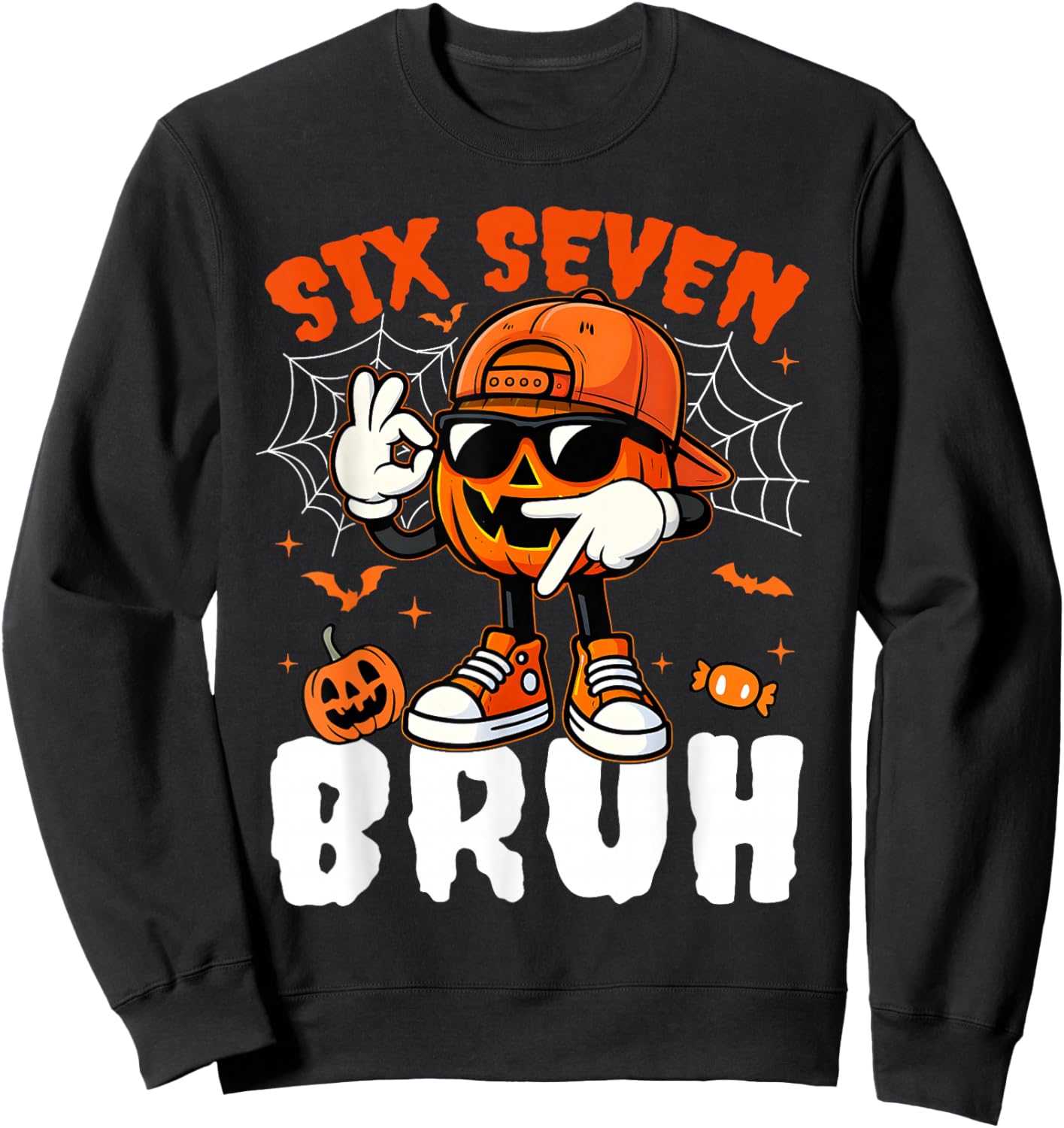 Funny Six Seven Meme Brainrot Pumpkin Kids Bruh 67 Halloween Sweatshirt - Sweatshirt | Black