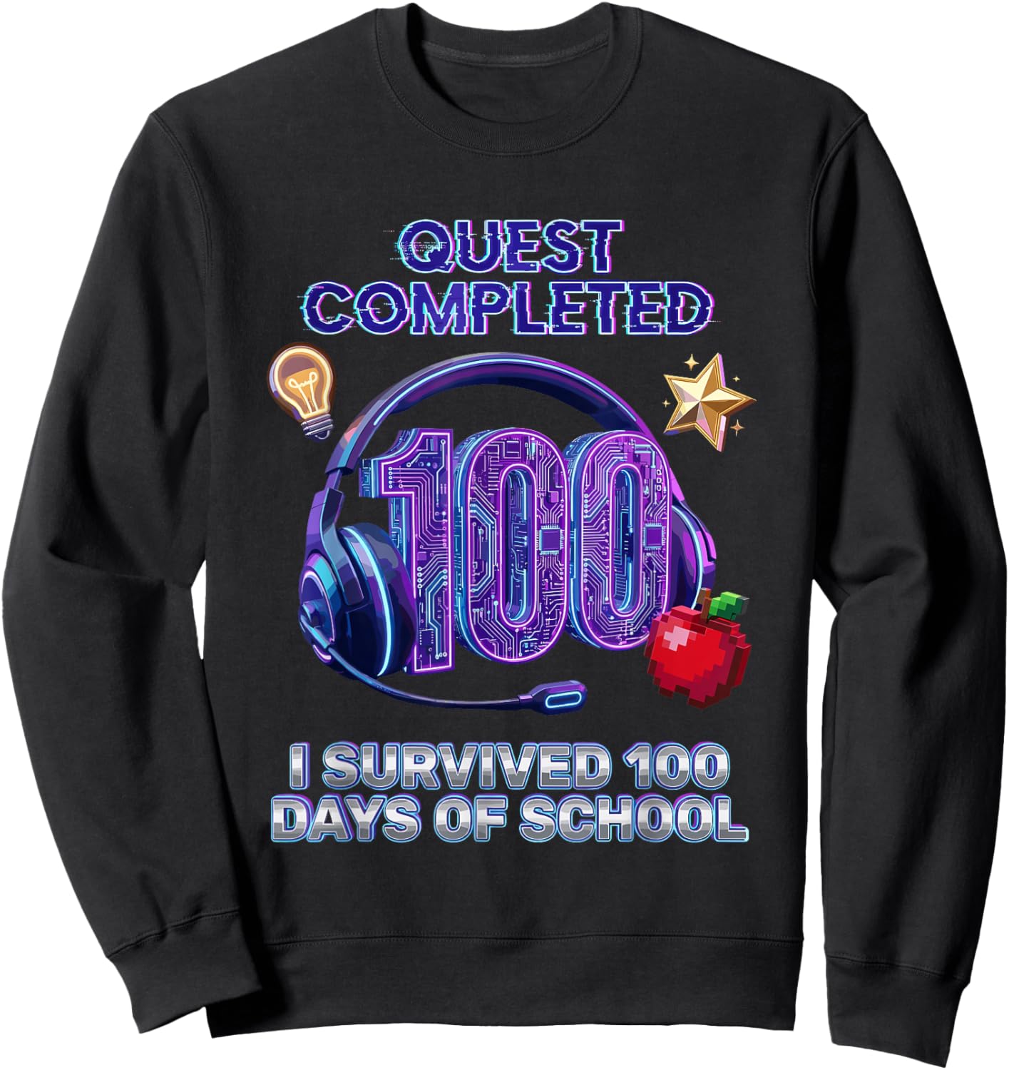 100th Days of School Cool Gaming Quest Completed Gamer Aura Sweatshirt - Sweatshirt | Black