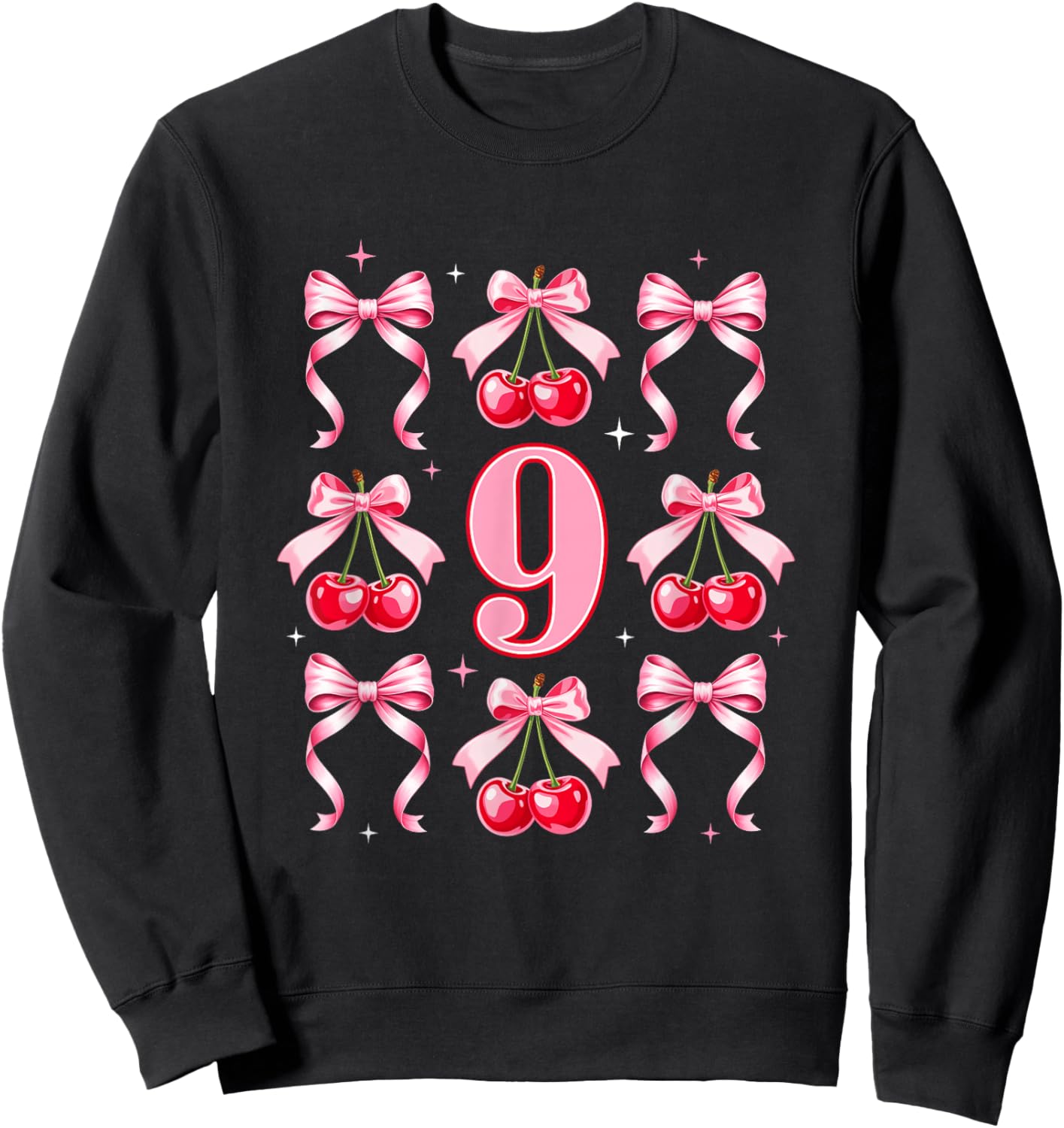 Birthday Girl 9Th Birthday Cherry Coquette Bow 9 Years Old Sweatshirt - Sweatshirt | Black