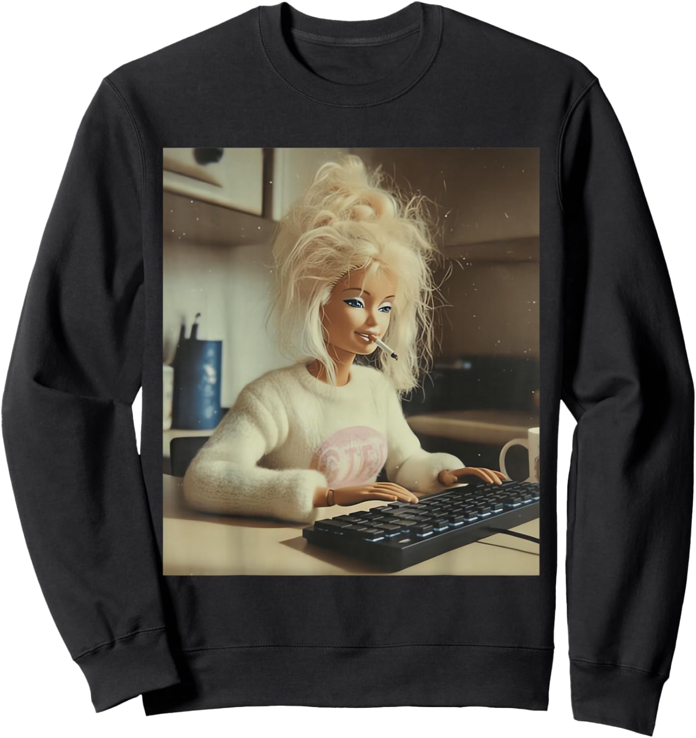 Funny Doll Face Working and Smoking Distressed Meme Sweatshirt - Sweatshirt | Black