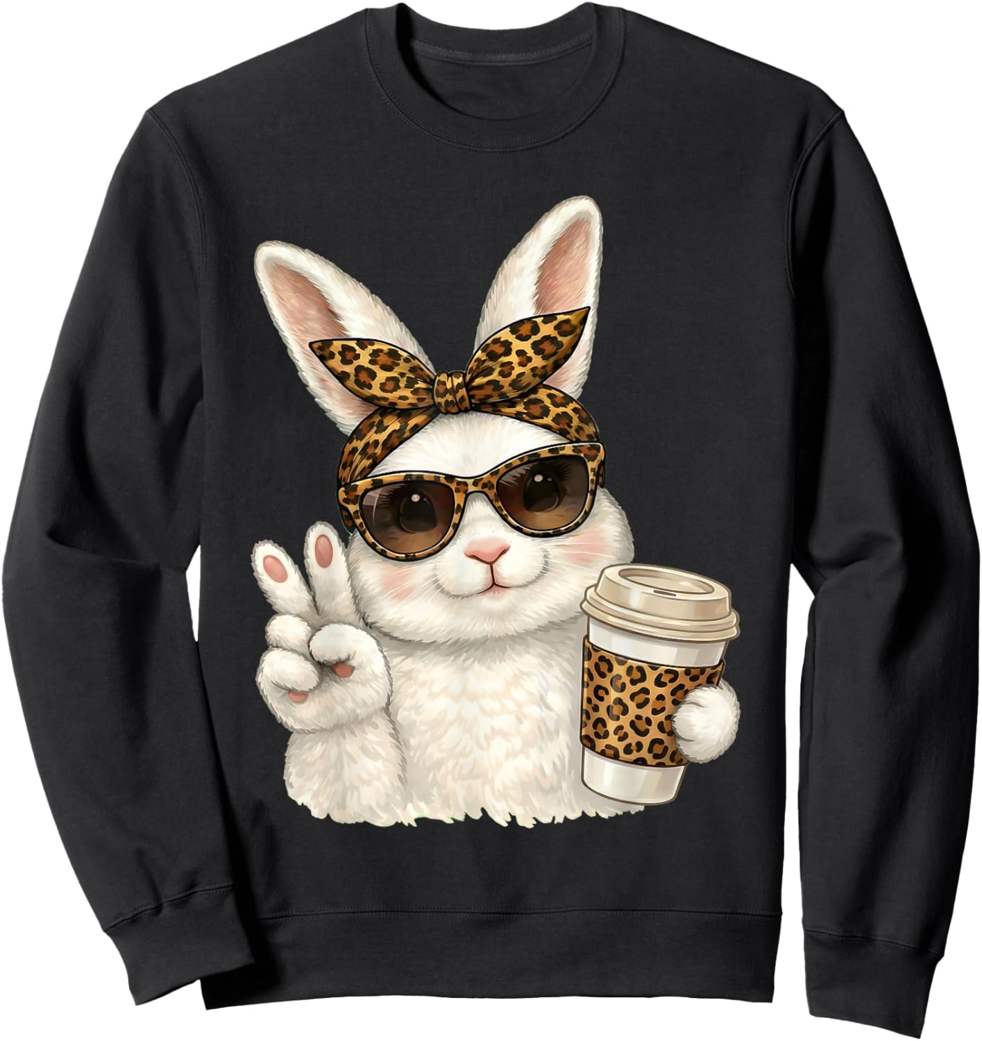 Funny Easter Bunny Face Glasses Bandana Leopard Women Girls Sweatshirt - Sweatshirt | Black