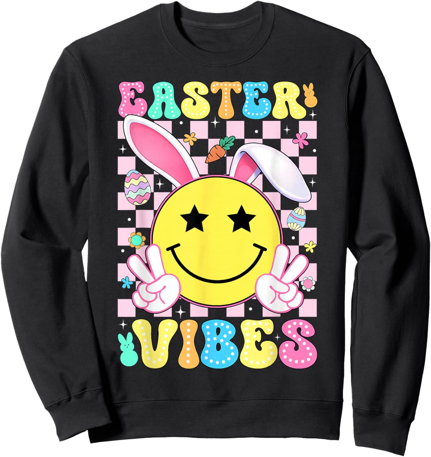 Easter Vibes Retro Groovy Bunny Rabbit Ears Women Girl Kid Sweatshirt - Sweatshirt | Black