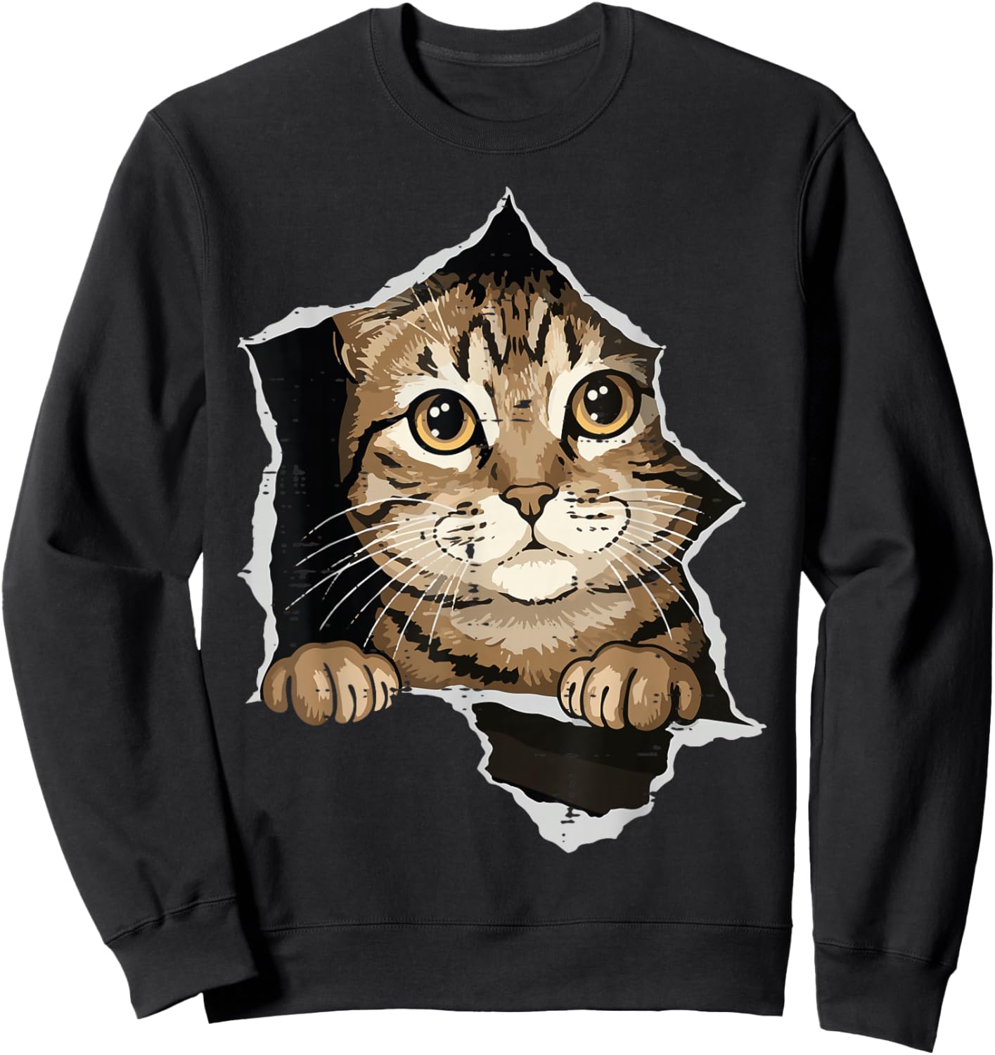 Cat Peeking Torn Paper Cute Kitten Kitty Women Girls Kids Sweatshirt - Sweatshirt | Black