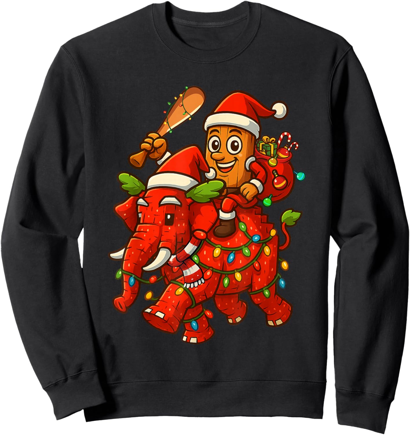 Tung Tung Sahur Riding Elephant Christmas Italian Brainrot Sweatshirt - Sweatshirt | Black