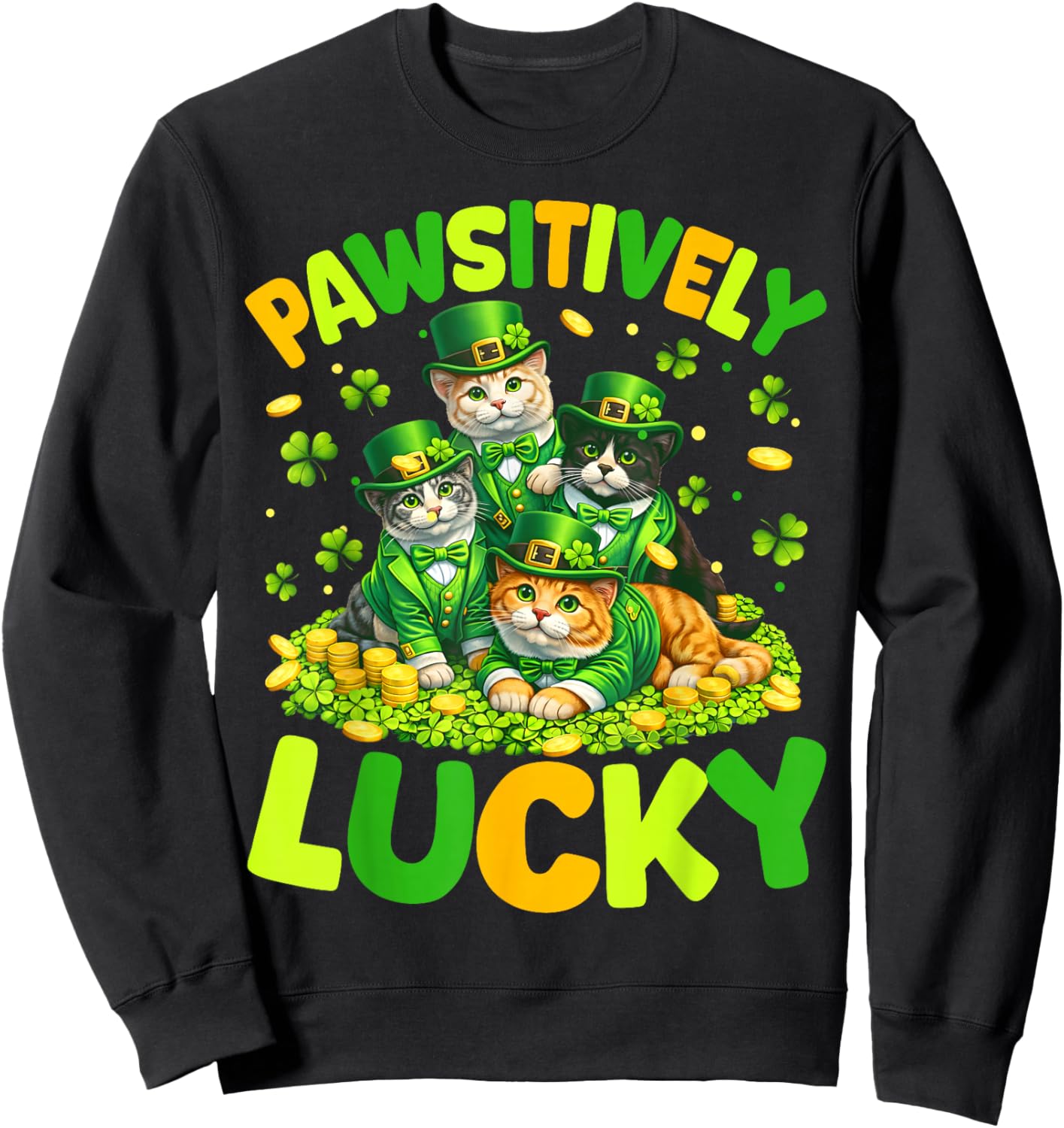 Pawsitively Lucky Cats St Patricks Day Cat Lover Women Kids Sweatshirt - Sweatshirt | Black