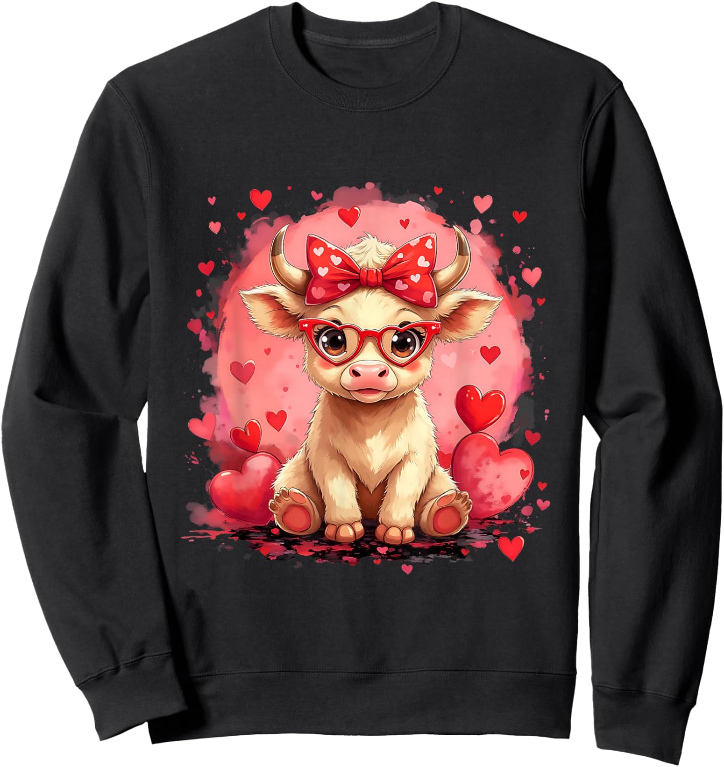 Funny Girl Cute Valentine Highland Cow Heart Glasses Love Sweatshirt - Sweatshirt | Black