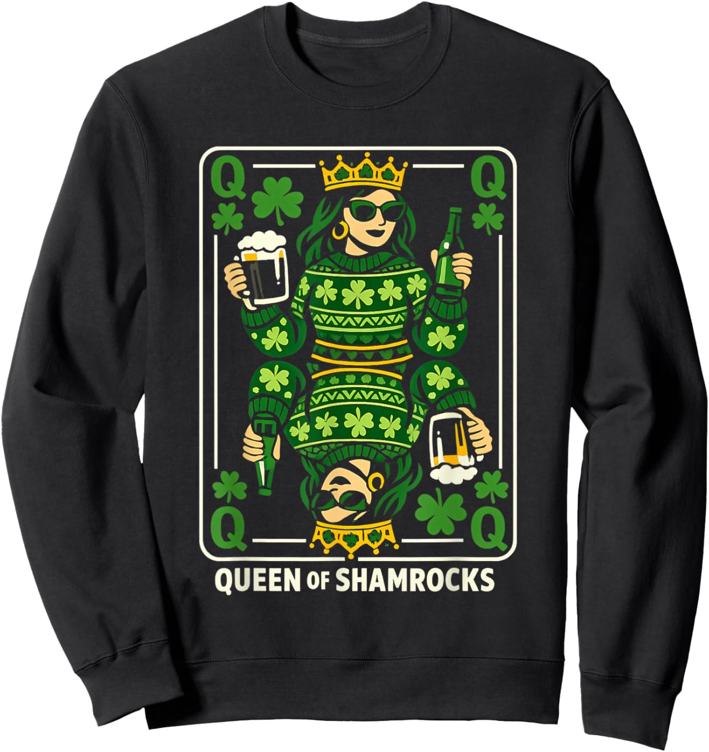 Queen of Shamrocks Shirt St Patrick’s Day Queen Playing Card Sweatshirt - Sweatshirt | Black