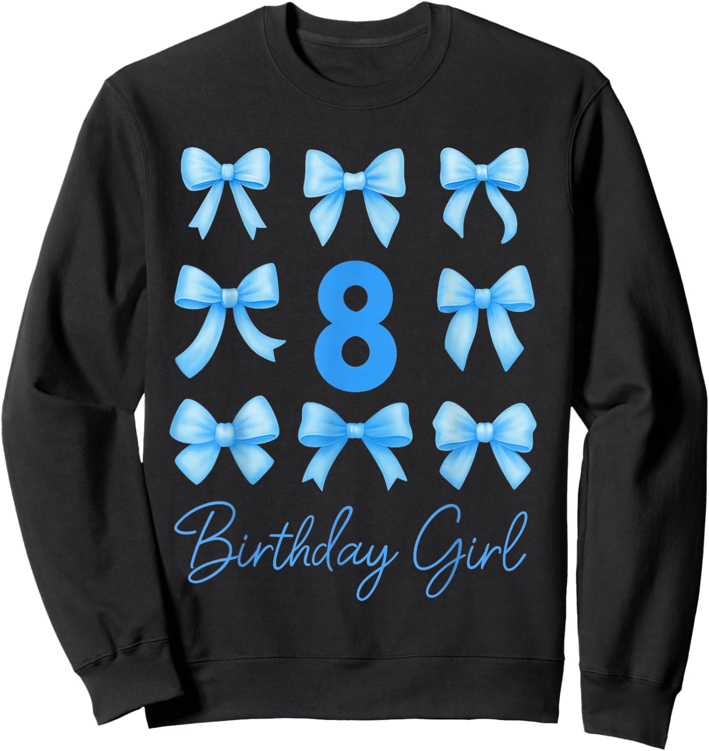 8 Year Old Aesthetic Girl Birthday Blue Coquette Bow Sweatshirt - Sweatshirt | Black