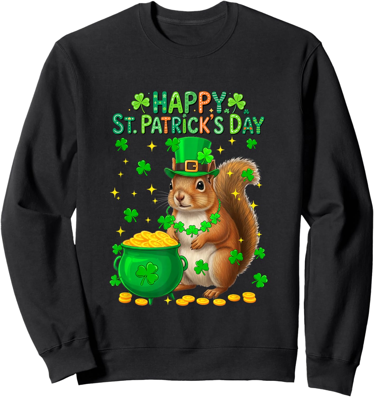 Happy St. Patrick's Day Squirrel Shamrocks Coins Lover Kids Sweatshirt - Sweatshirt | Black
