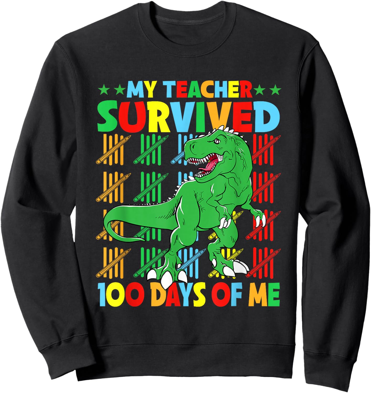 100th Day of School My Teacher Survived Dinosaur Boys Dino Sweatshirt - Sweatshirt | Black