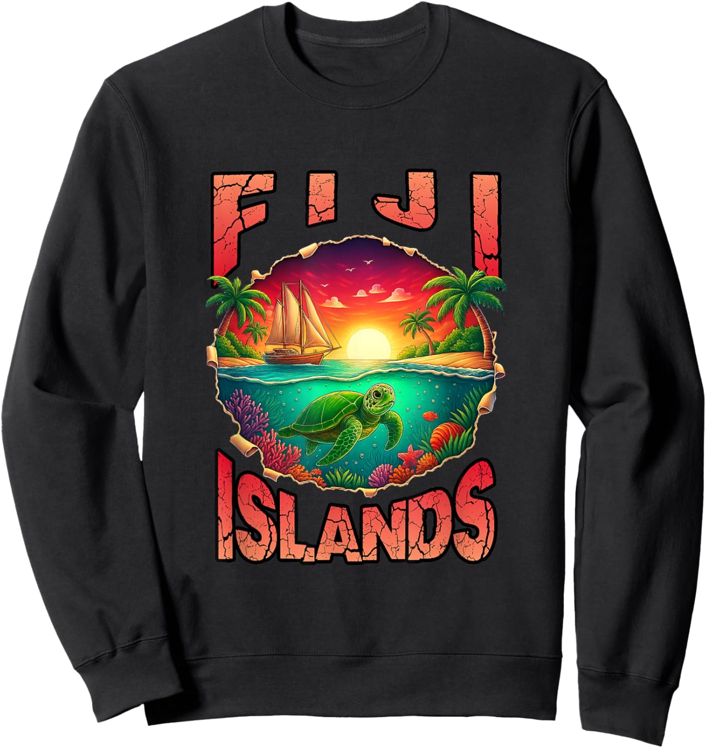 Fiji Islands Tropical Beach Sea Turtle Retro Vacation Sweatshirt - Sweatshirt | Black