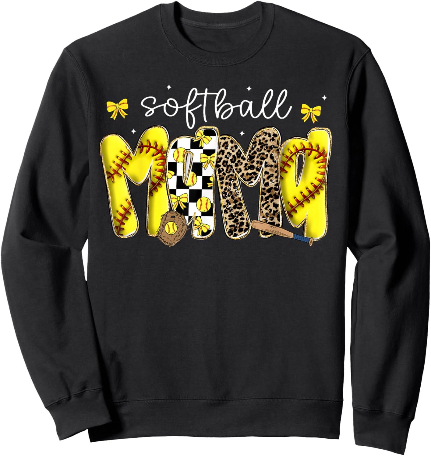 Softball Mama Leopard Coquette Bow Mom Mother Women Sweatshirt - Sweatshirt | Black