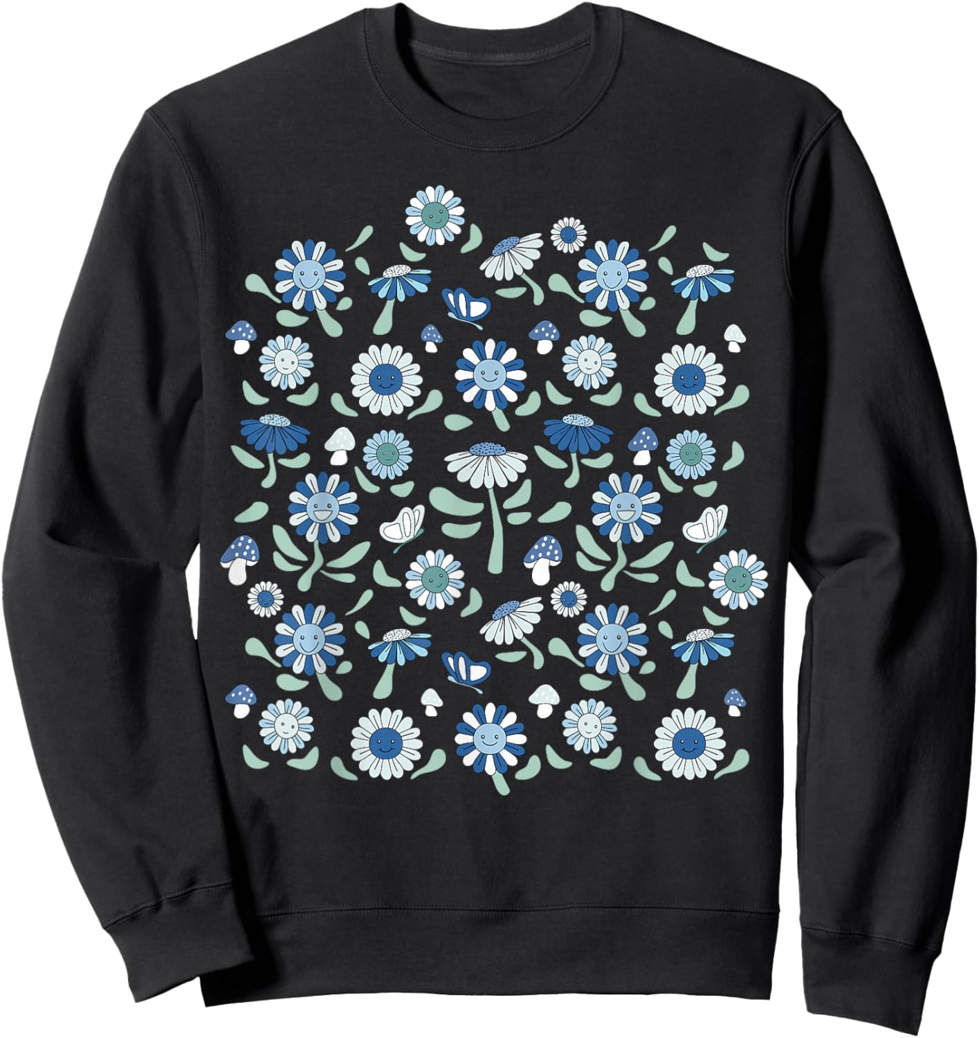Flowers Butterflies & Mushrooms Retro Light Blue Aesthetic Sweatshirt - Sweatshirt | Black
