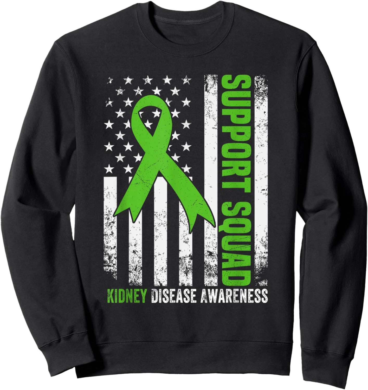 Support Squad American Flag Green Ribbon USA Kidney Disease Sweatshirt - Sweatshirt | Black