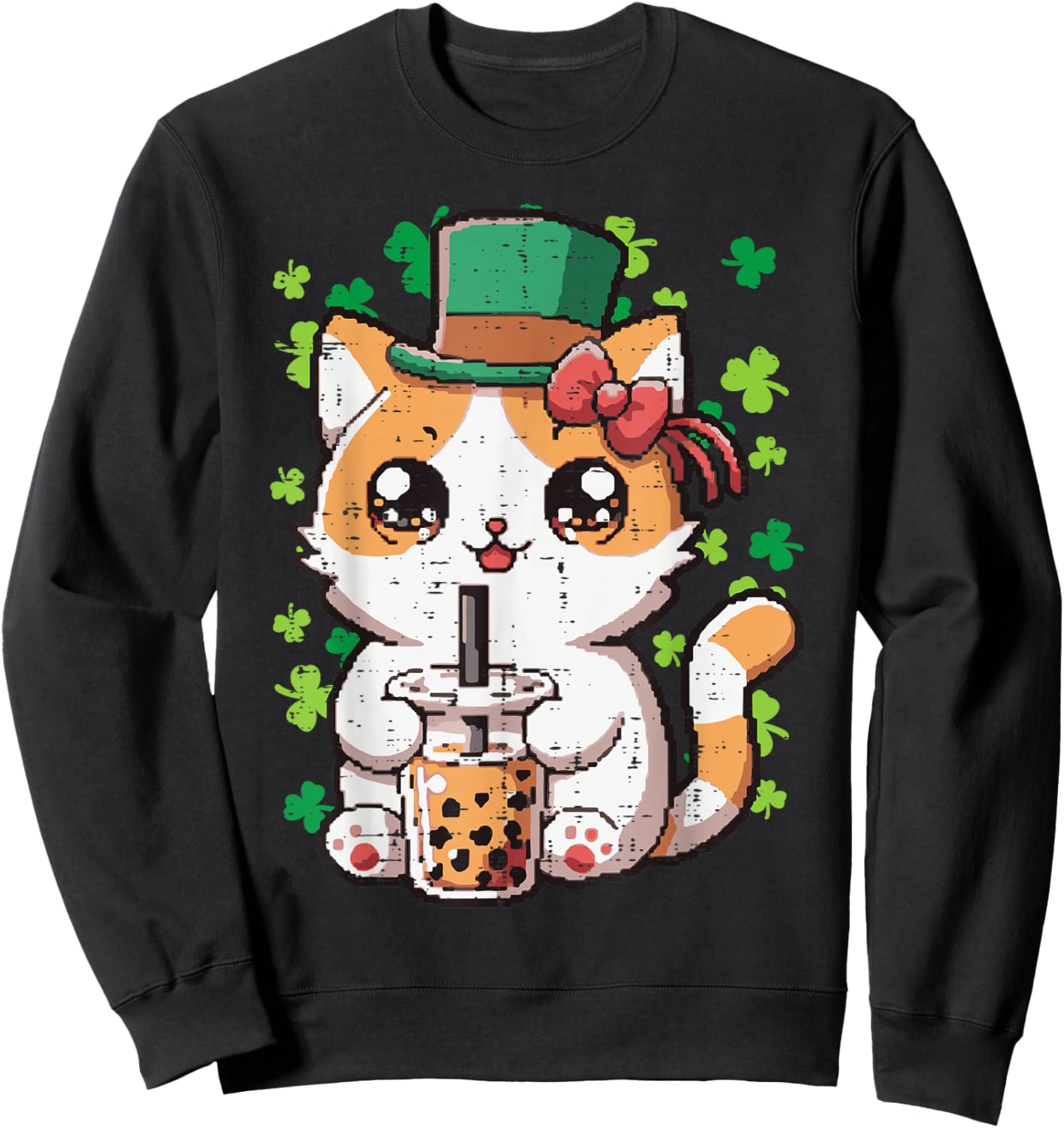 St Patricks Day Cat Boba Tea Irish Kawaii Japanese Women Kid Sweatshirt - Sweatshirt | Black