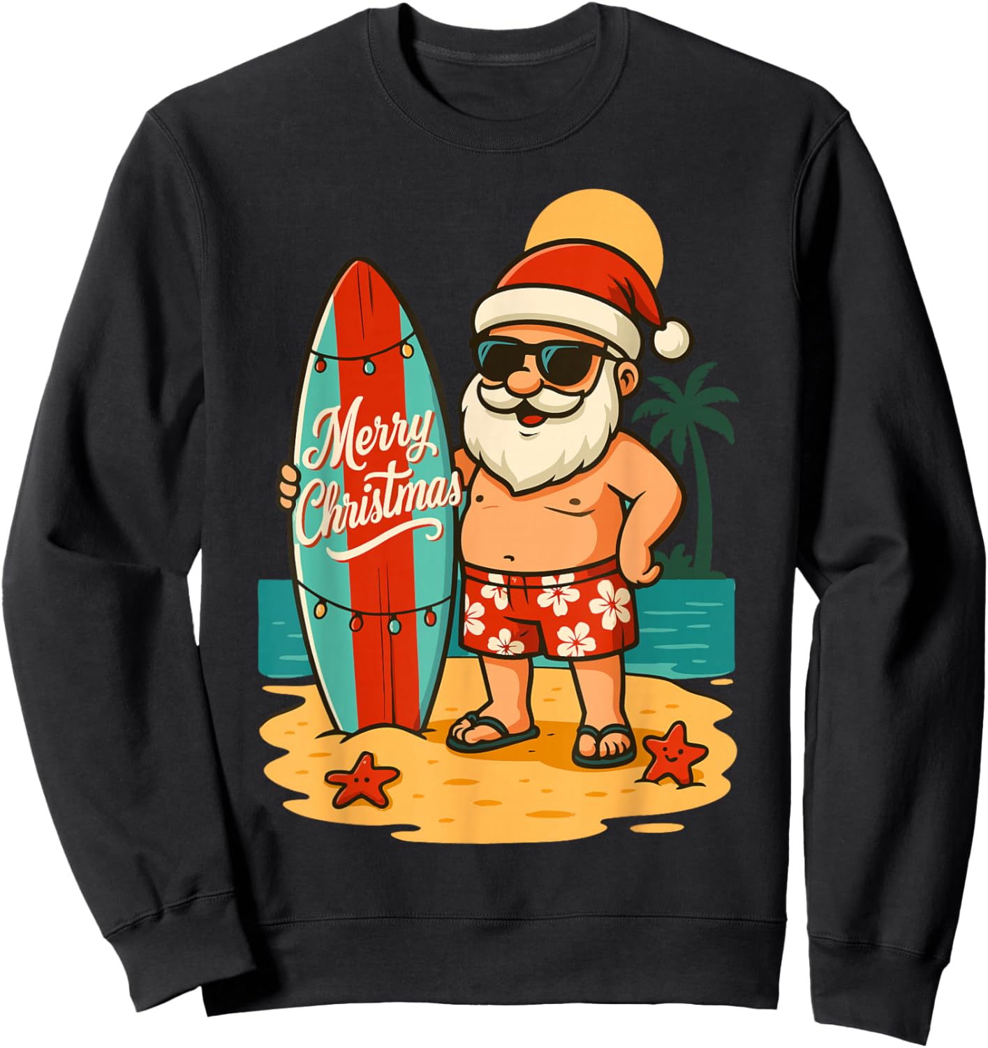 Santa Surfing Hawaiian Beach Christmas in July Tropical Xmas Sweatshirt - Sweatshirt | Black