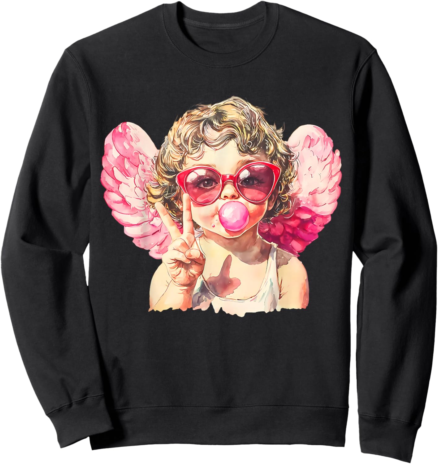 Pink Funny Sunglasses Cupid Blowing Bubble Gum Valentines Sweatshirt - Sweatshirt | Black