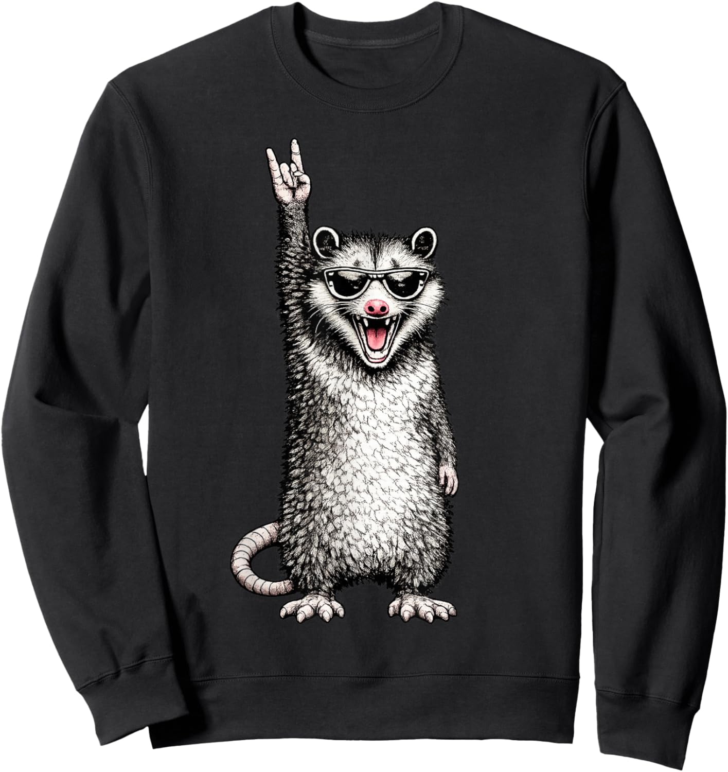 Funny Opossum Rock Hand Sunglasses Meme Design Sweatshirt - Sweatshirt | Black