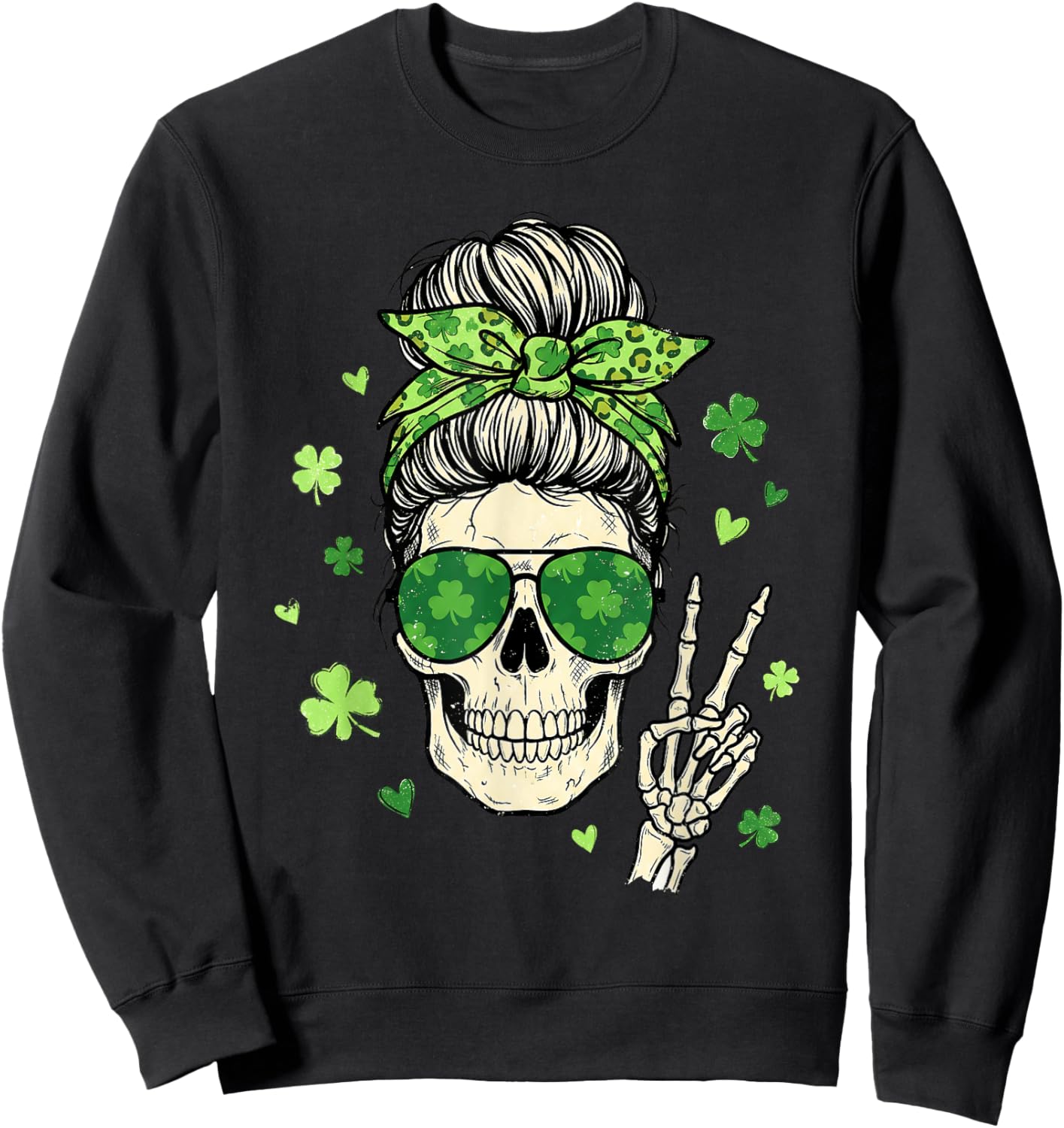 Skull Sunglass Messy Bun Irish Funny St Patrick's Day Women Sweatshirt - Sweatshirt | Black
