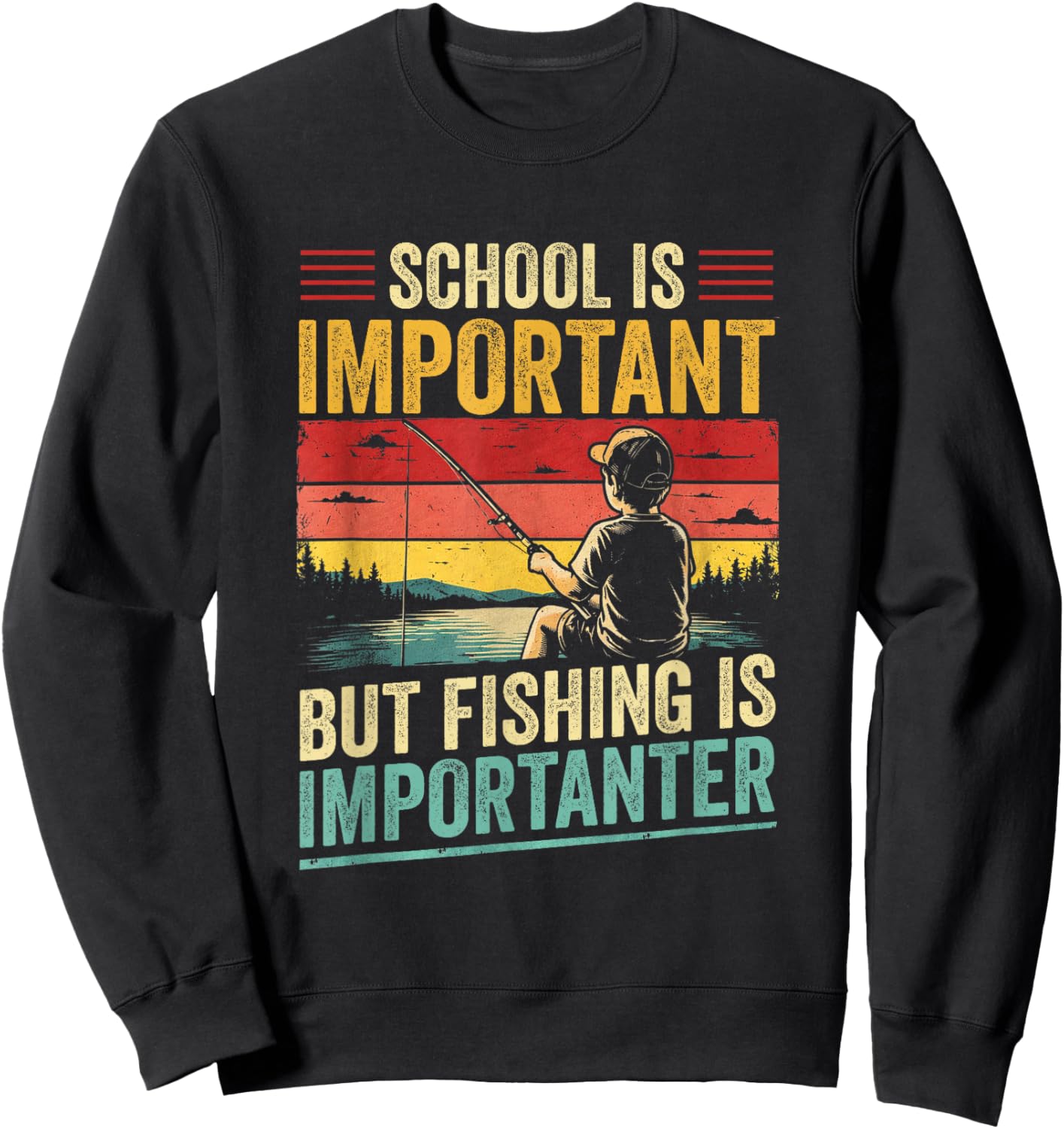 Boys Fishing Shirt School is Important Fishing Importanter Sweatshirt - Sweatshirt | Black