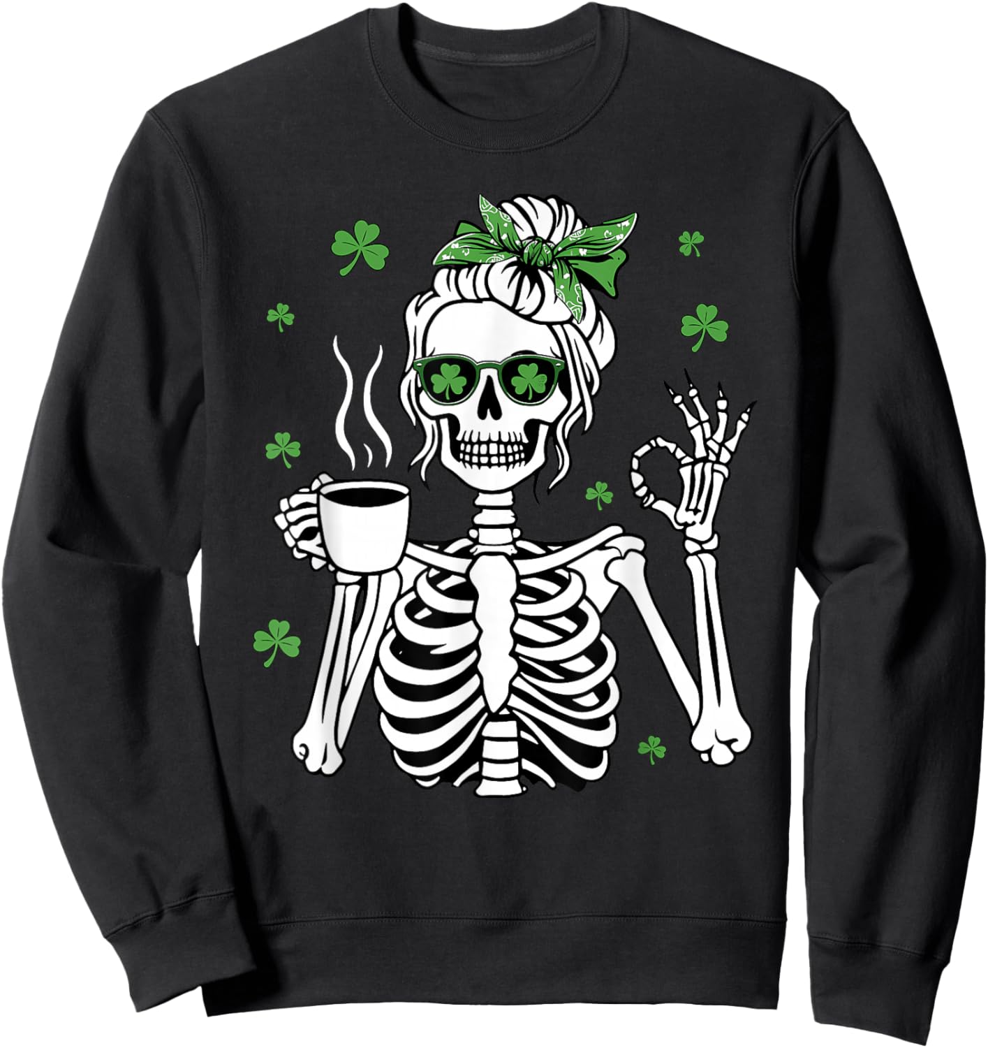 St Patricks Day Skull Messy Bun Peace Women St. Pattys Day Sweatshirt - Sweatshirt | Black