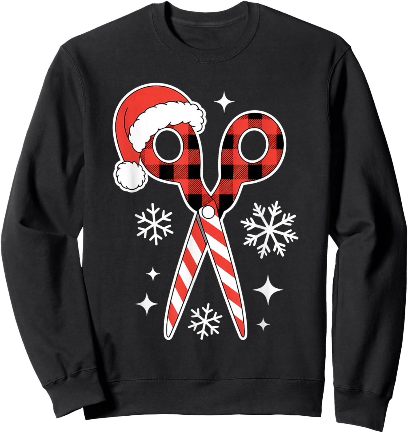 Christmas Buffalo Plaid Scissors with Santa Hat Men Women Sweatshirt - Sweatshirt | Black