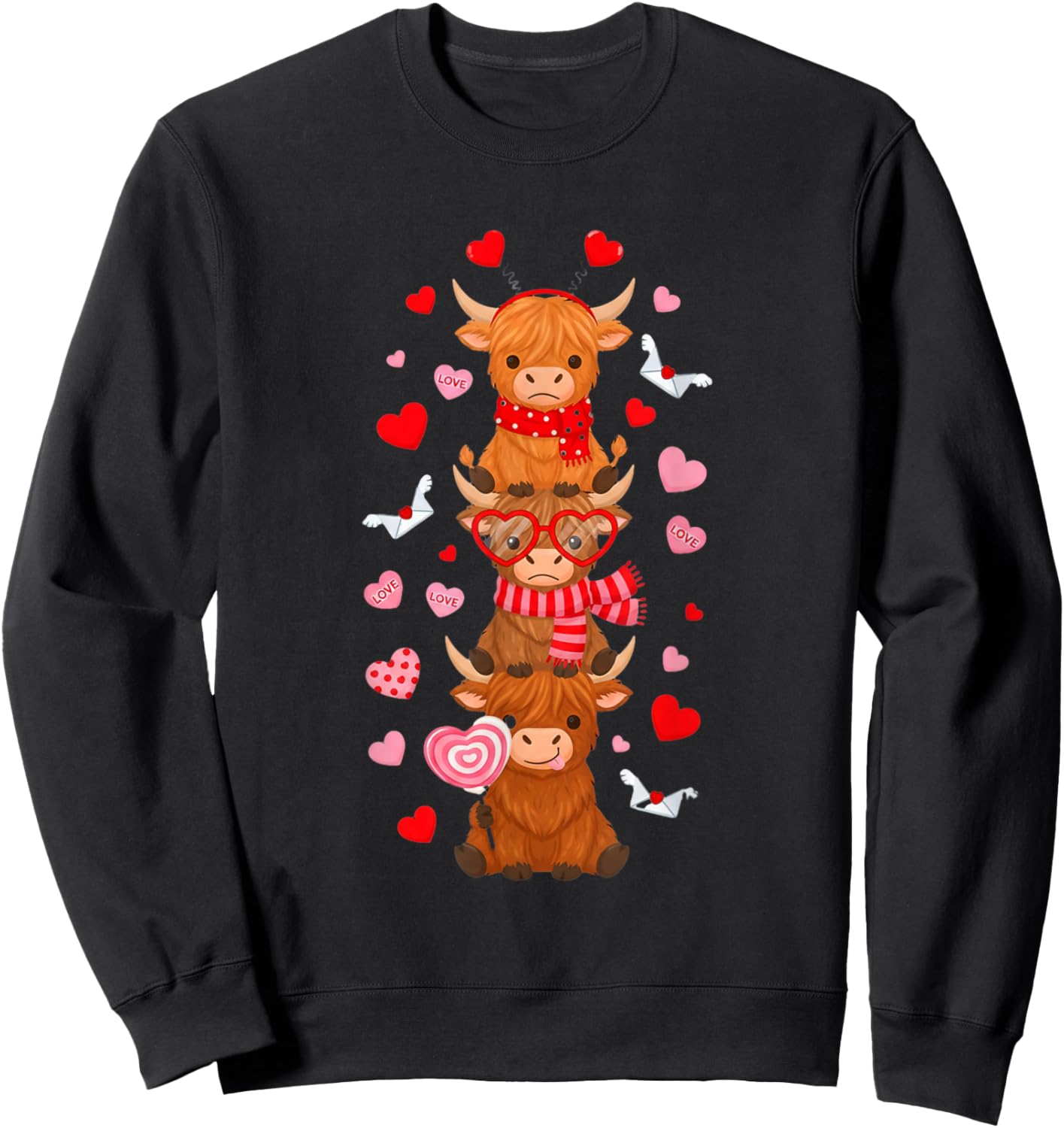 Cute Western Valentine Highland Cows with Heart Letter Women Sweatshirt - Sweatshirt | Black