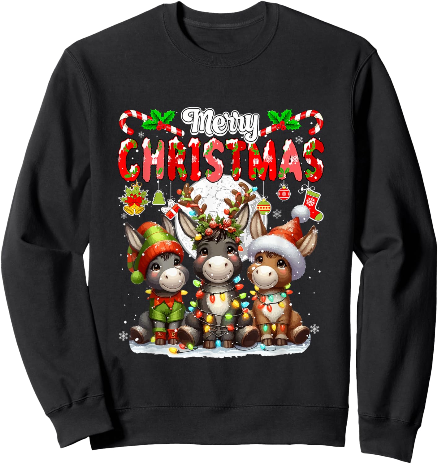 Merry Christmas Three Santa Reindeer Elf Donkeys Colorful Sweatshirt - Sweatshirt | Black