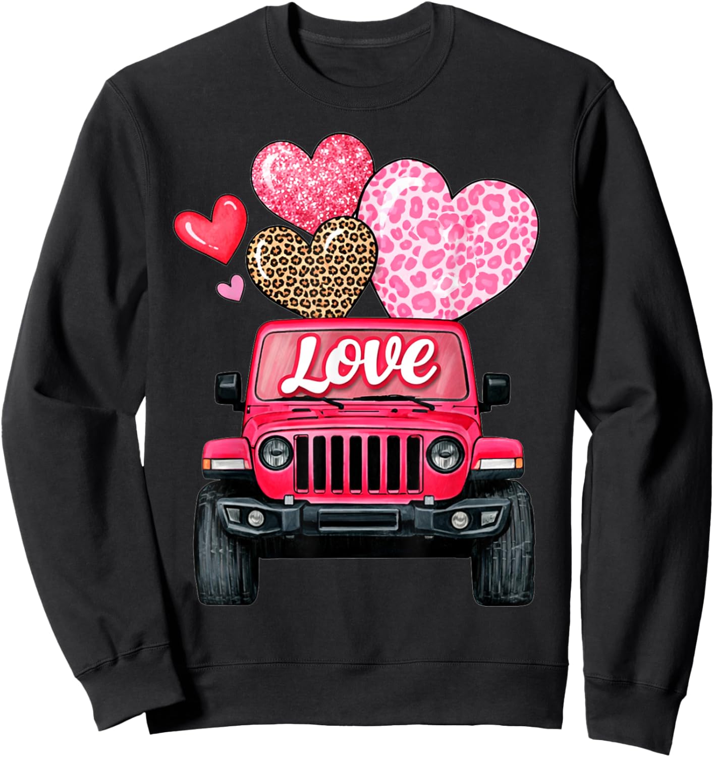 Valentine Love Truck Pink Off Road Leopard Print Hearts Sweatshirt - Sweatshirt | Black