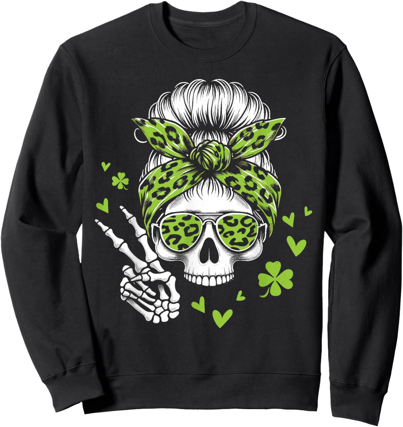 Skull St Patricks Day Shamrock Messy Hair Bun Irish Women Sweatshirt - Sweatshirt | Black