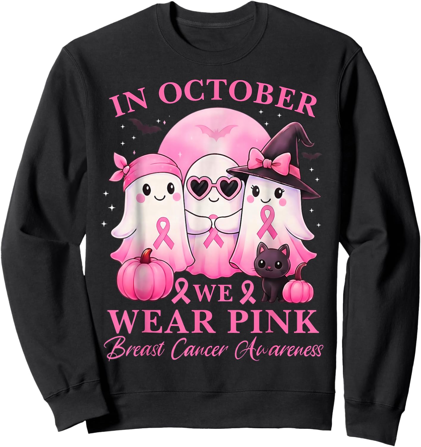 in October We Wear Pink Ghost Squad Breast Cancer Awareness Sweatshirt - Sweatshirt | Black