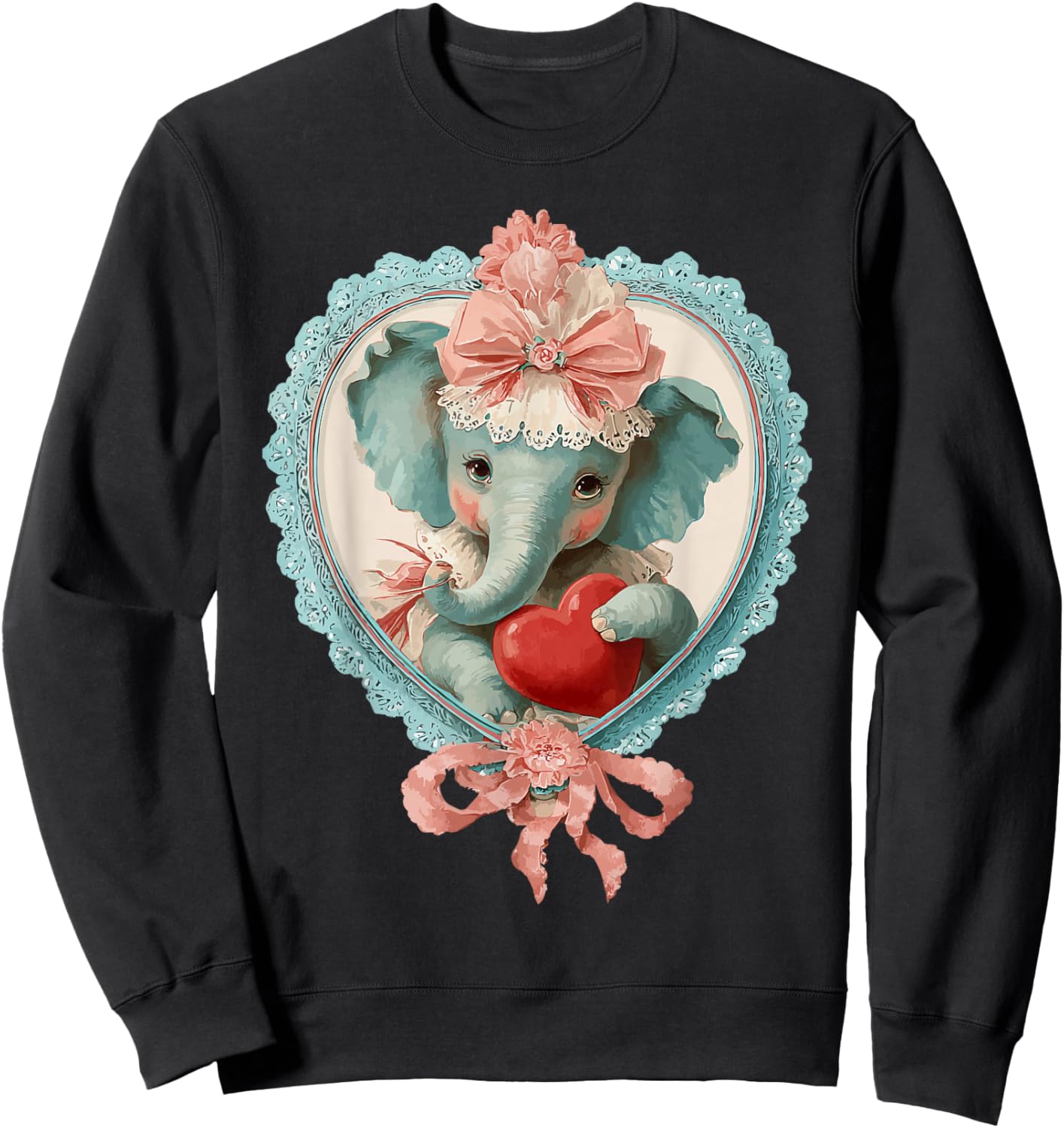 Cute Valentine Elephant with Heart Vintage Animal Coquette Sweatshirt - Sweatshirt | Black