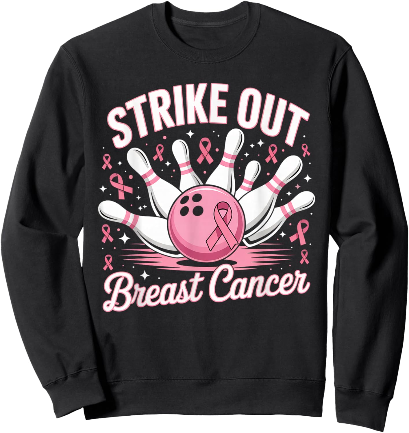 Breast Cancer Awareness - Bowling Strike Out Pink Ribbon Sweatshirt - Sweatshirt | Black