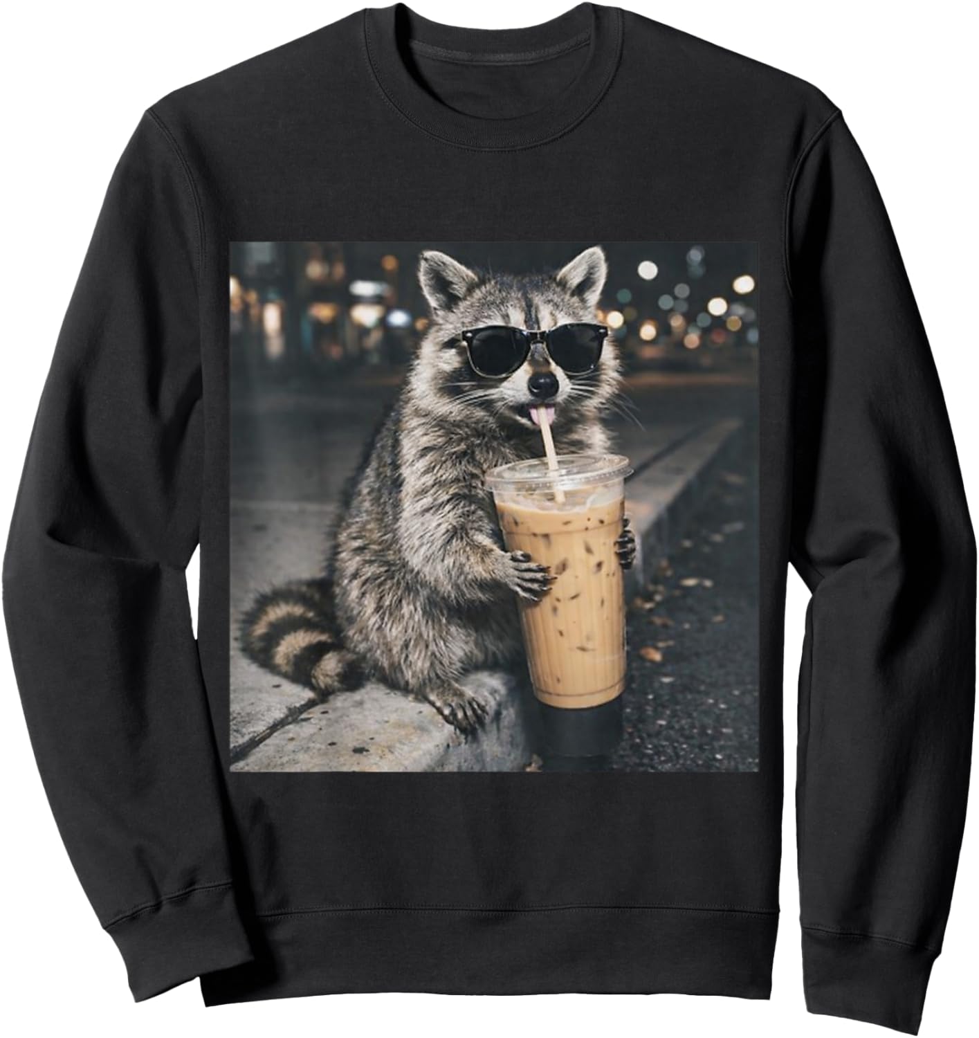 Raccoon Drinking Iced Coffee Funny Animal Meme Men Women Sweatshirt - Sweatshirt | Black