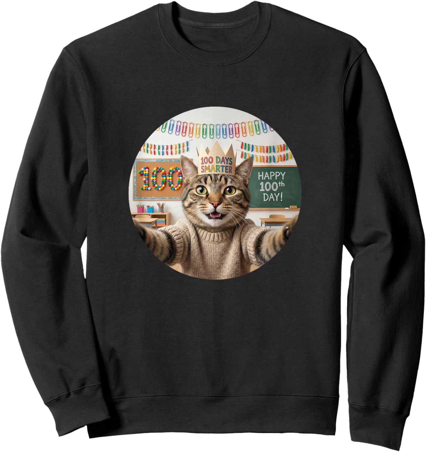 Happy 100th Day of School Cat Selfie 100 Days Smarter Sweatshirt - Sweatshirt | Black