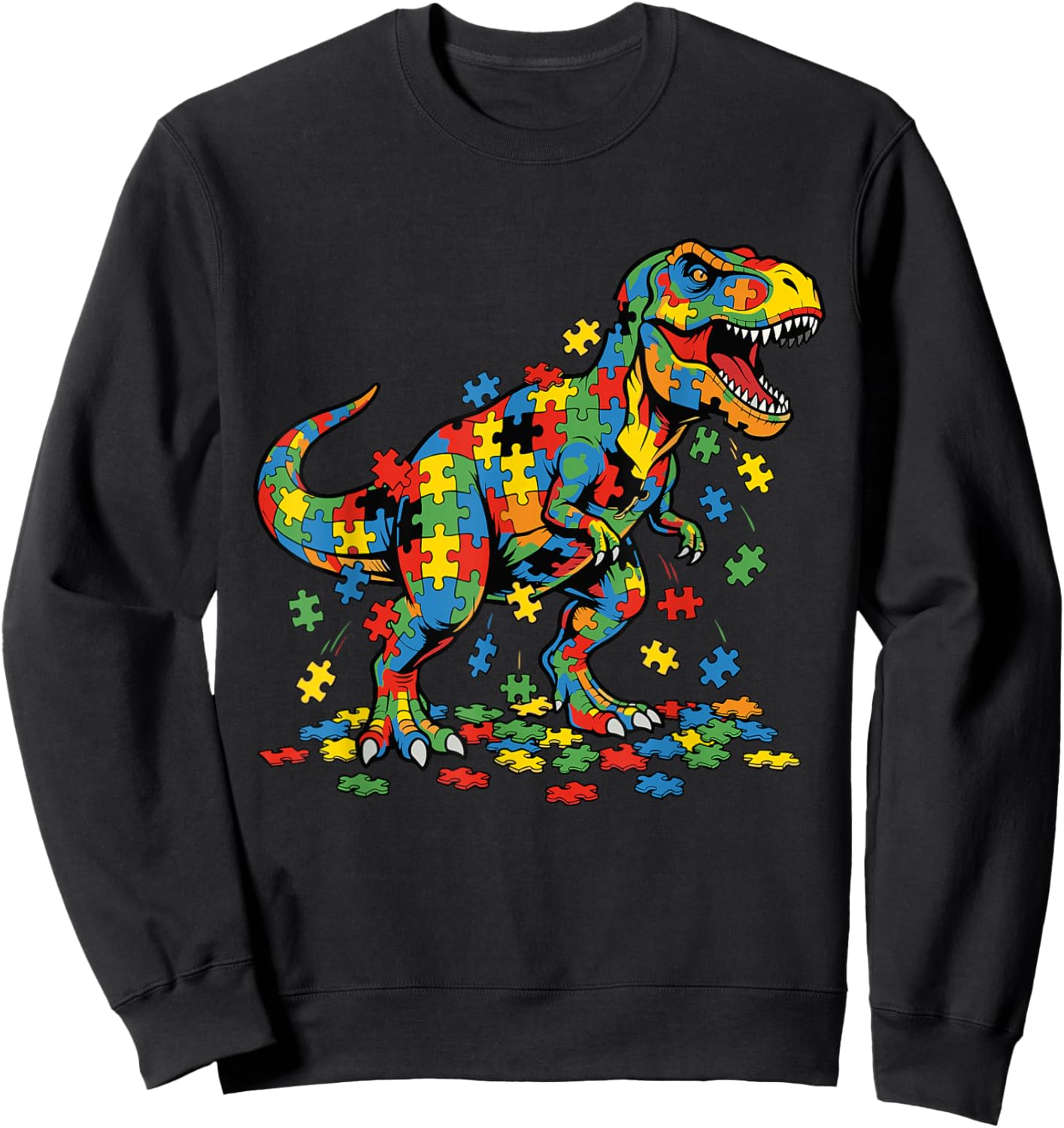 Autism Awareness Dinosaur Colorful Puzzle Autistic T rex Sweatshirt - Sweatshirt | Black