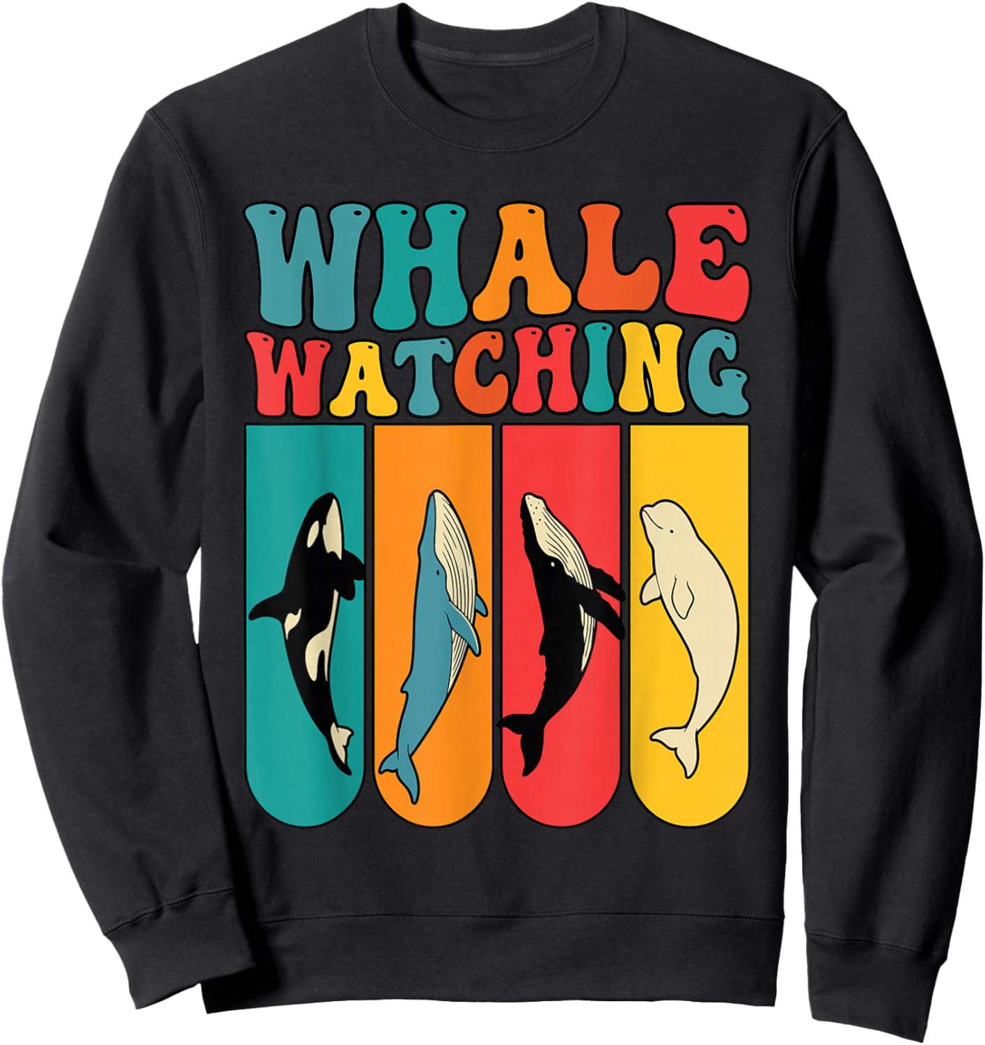 Retro 70s Colorful Whale Watching Species Sweatshirt - Sweatshirt | Black