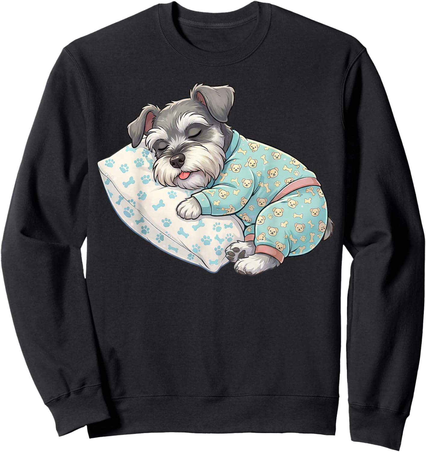 Cute Miniature Schnauzer Dog Sleeping in Pajamas Bedtime Art Sweatshirt - Sweatshirt | Black