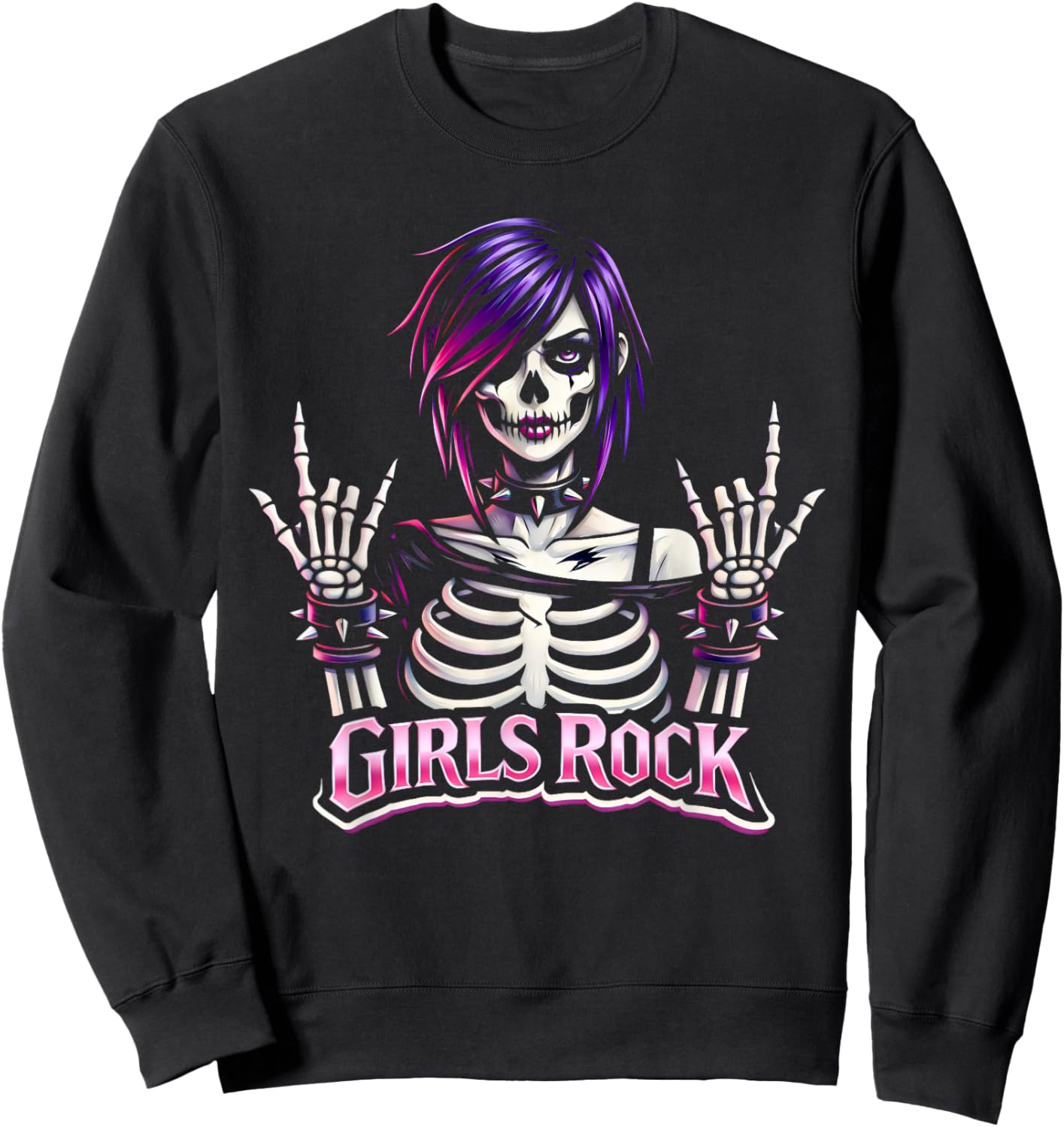 Girls Rock, Rock'n Roll Girl, Skeleton Rocker Gothic Goth Sweatshirt - Sweatshirt | Black
