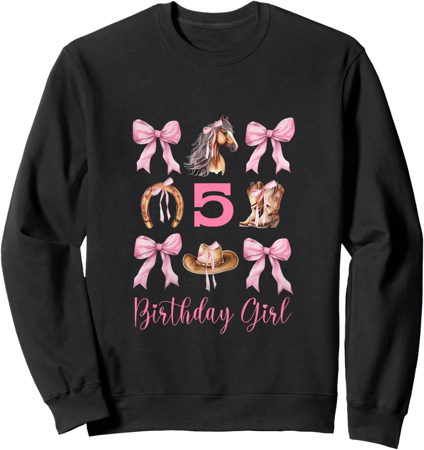 5th Birthday Western Pink Cowgirl Horse Coquette Bow Girl Sweatshirt - Sweatshirt | Black