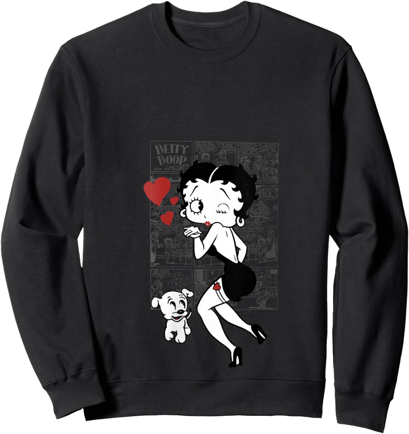 Women's Betty Boop Betty and Pudgy Comic Kiss Hearts V-Neck Sweatshirt - Sweatshirt | Black