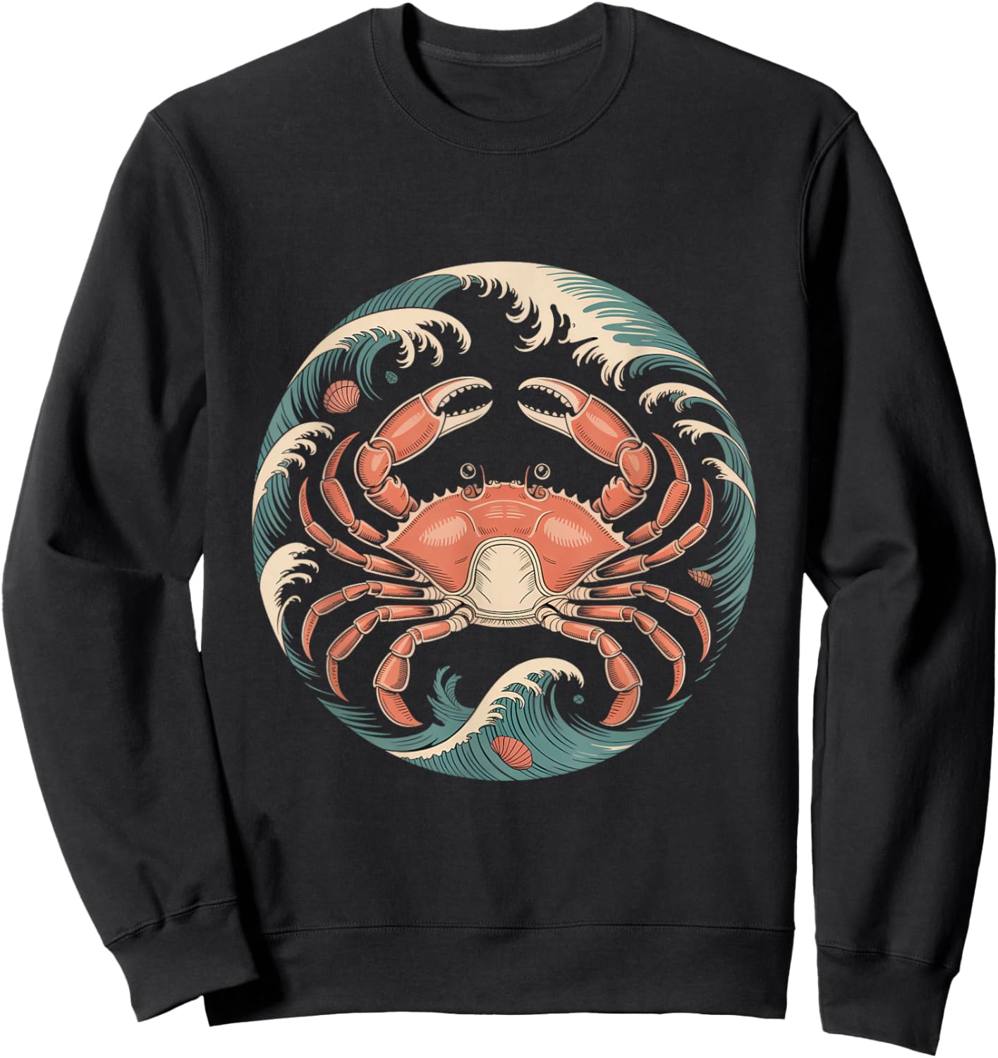 Vintage Red Crab with Ocean Waves Circle Sweatshirt - Sweatshirt | Black