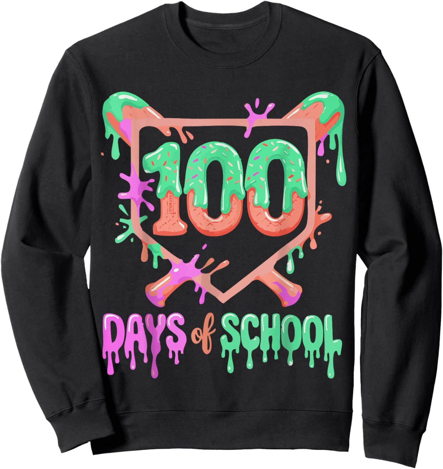 100 Days of School Baseball Ice Cream Drip 100th Day Player Sweatshirt - Sweatshirt | Black