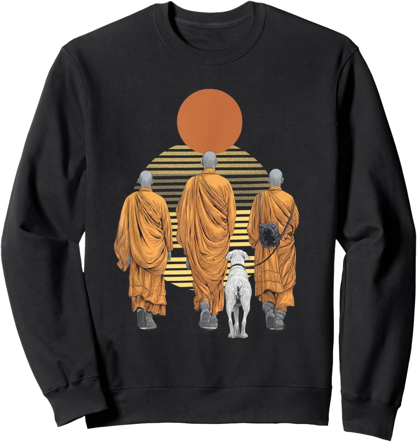 Three Monks and Aloka Dog Spiritual Zen Art Peaceful Sweatshirt - Sweatshirt | Black