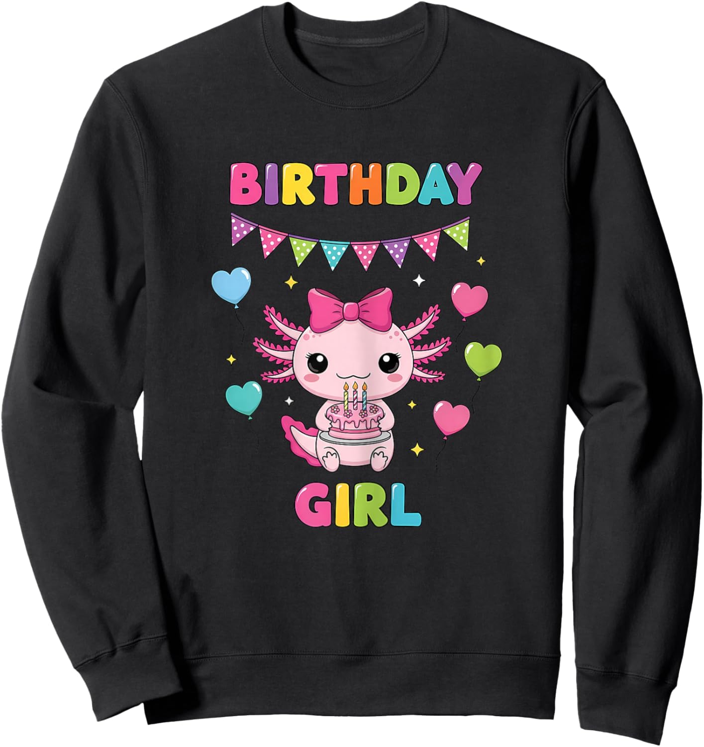Cute Axolotl Bday Girl Big Pink Coquette Bow Girl Birthday Sweatshirt - Sweatshirt | Black
