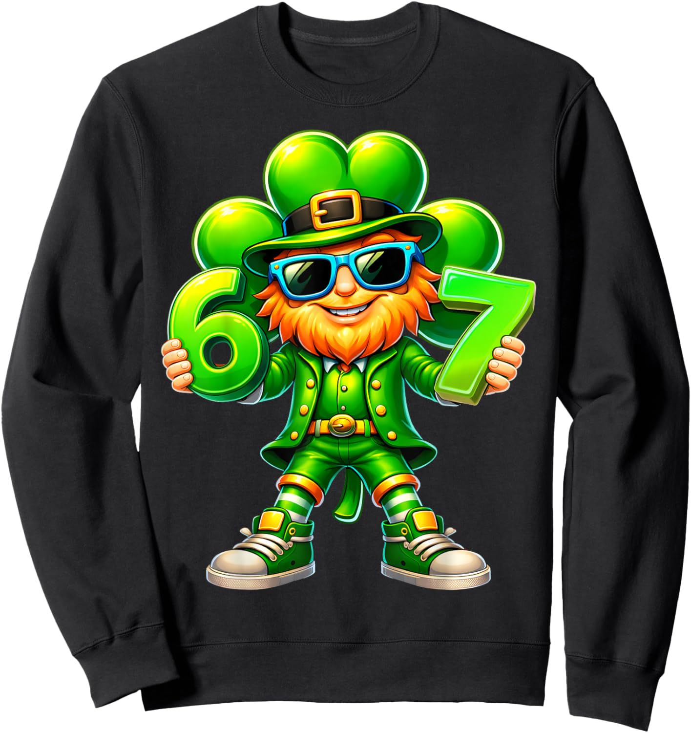 Six Seven 6 7 Meme St Patricks Day Leprechaun Shamrock Sweatshirt - Sweatshirt | Black